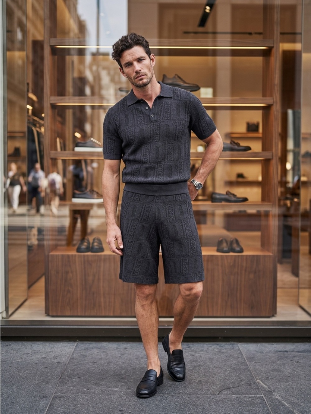 Dsquared2 Men’s Medium Black Waffle Knit Flat Front Bermuda Shorts Logo Covered